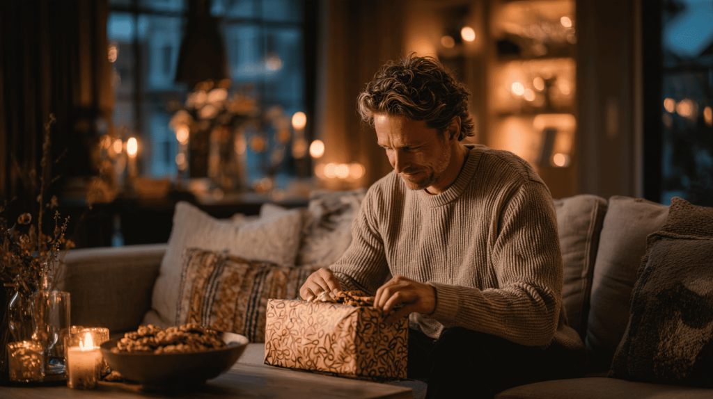man pakt cadeau uit