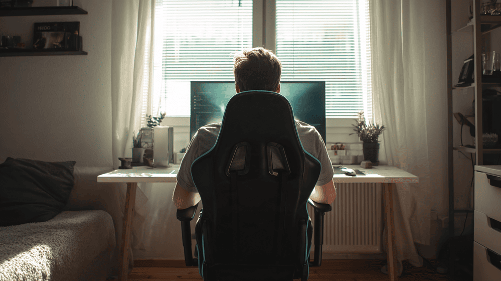 man zit rechtop in een gamestoel met het scherm op ooghoogte