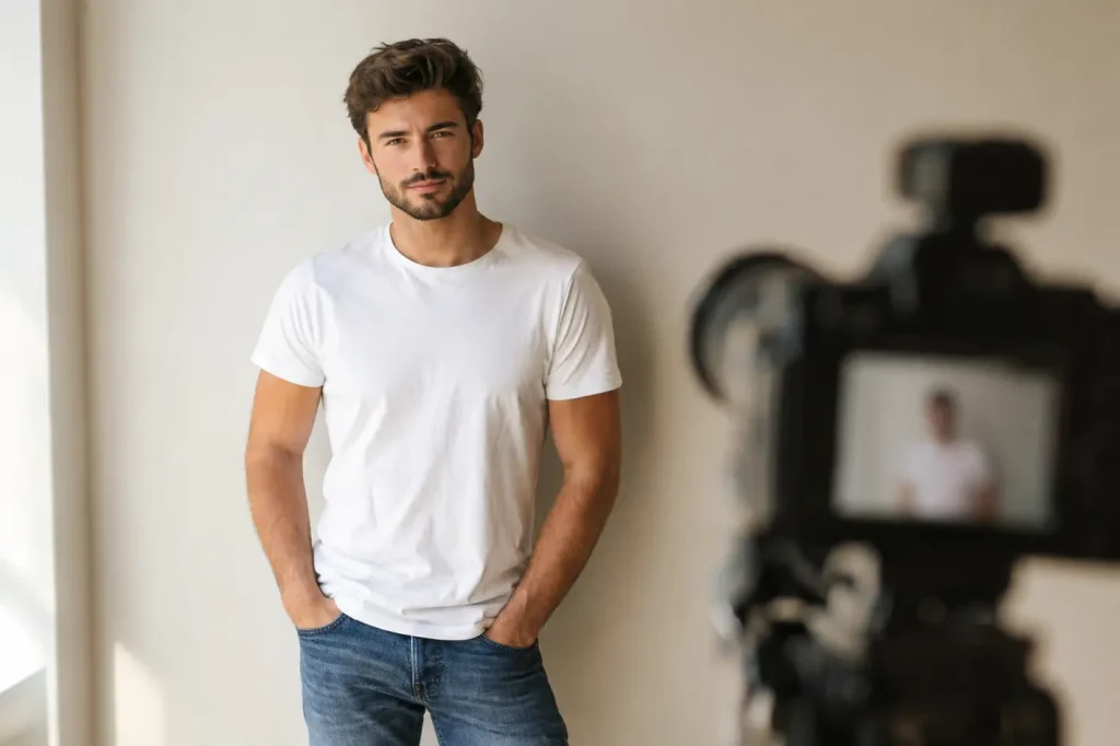 Jonge man met baard poseert voor castingfoto om model te worden