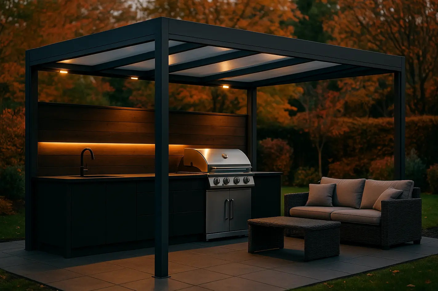Moderne overdekte buitenkeuken op terras met grill en LED-verlichting