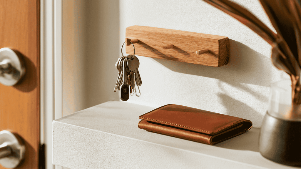 Vaste plek bij de voordeur met sleutelbos, bluetooth-tracker en portemonnee
