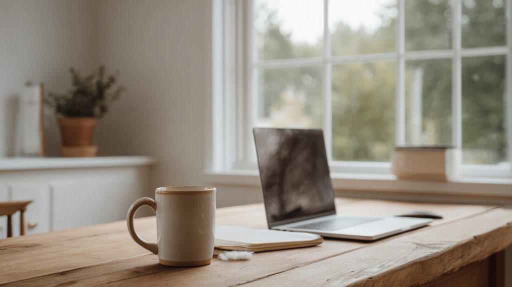 Laptop, notitieboekje en keramische mok op een houten bureau voor een raam met zacht daglicht