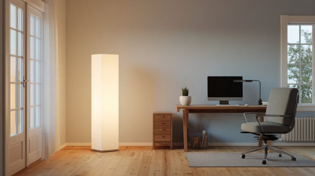 Thuiskantoor met een lichtgevende vloerlamp naast een houten bureau met monitor, bureaulamp en ergonomische bureaustoel